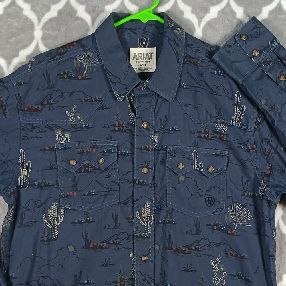 Ariat Western Snap Shirt Men L Blue Cactus Desert Print Long Sleeve Sawtooth